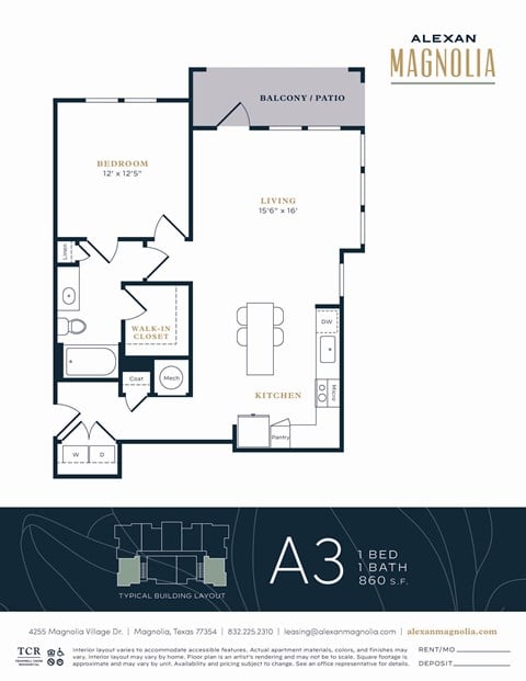 Floor plan for 1 bed, 1 bath, 860 sqft
